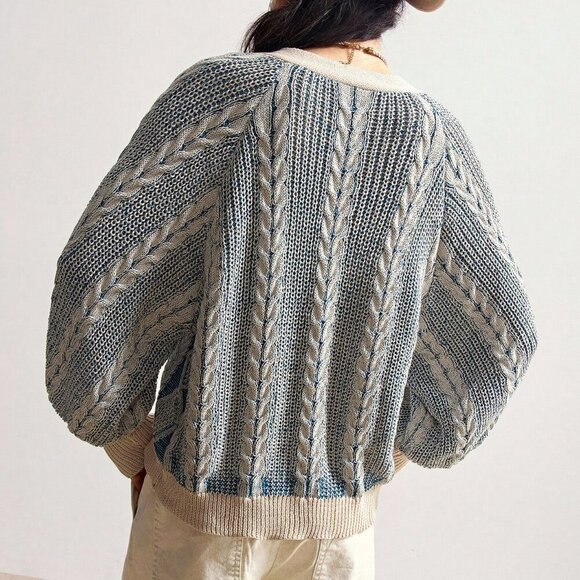 Blue Women's Lantern Sleeve Single-Breasted Casual Knit Cardigan - Picture 8 of 8